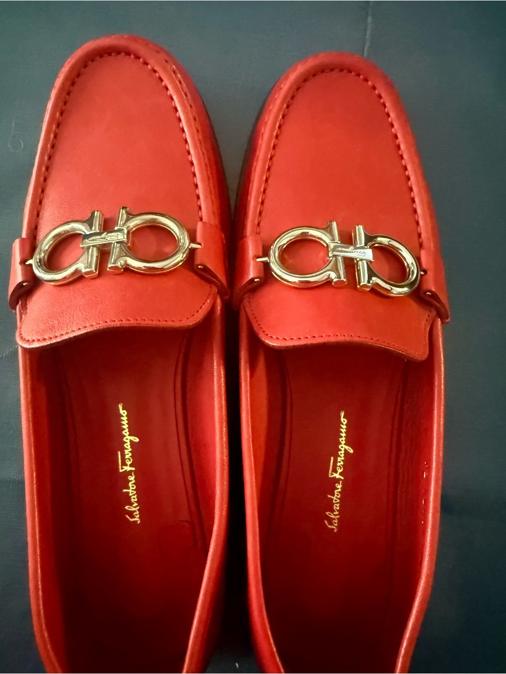 Salvatore Ferragamo Red Leather Gancini Loafers with Gold Hardware